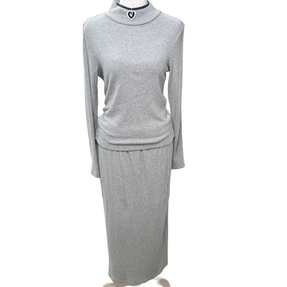 Grey Ribbed Knit 2 Pc Set Mock Neck Top Midi Skirt Medium Minimalist Scandi‎ CBK